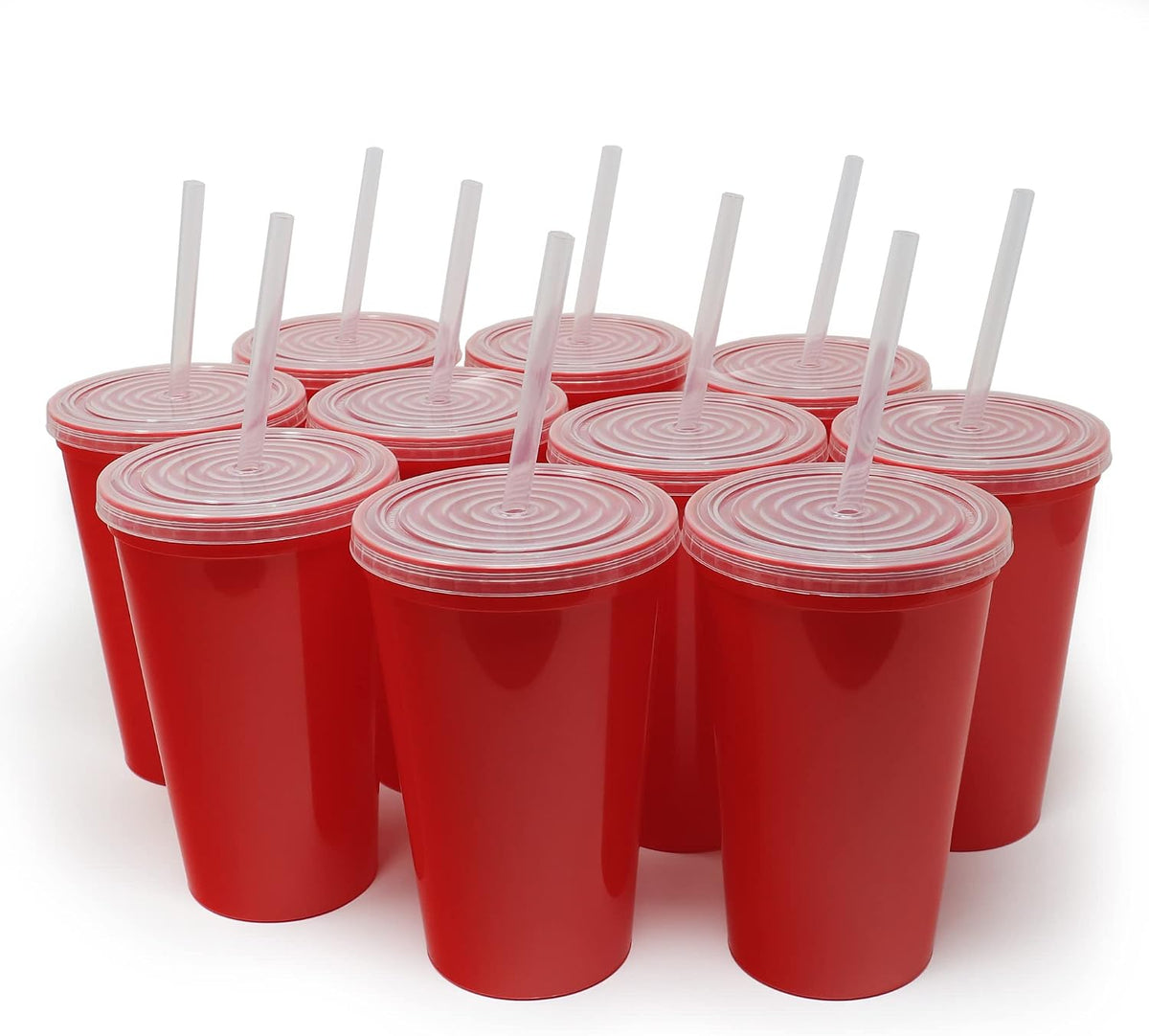 22 oz Reusable Plastic Cups with Lids, 10 Pack, USA Made Yellow Tumblers; Includes 10 Reusable Straws; Dishwasher Safe