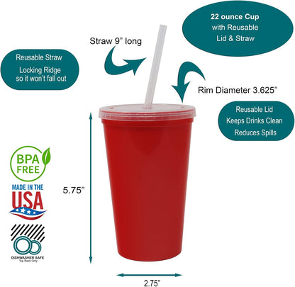 22 oz Reusable Plastic Cups with Lids, 10 Pack, USA Made Yellow Tumblers; Includes 10 Reusable Straws; Dishwasher Safe