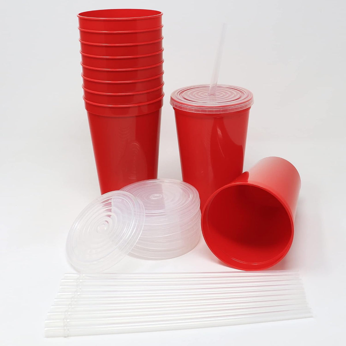 22 oz Reusable Plastic Cups with Lids, 10 Pack, USA Made Yellow Tumblers; Includes 10 Reusable Straws; Dishwasher Safe