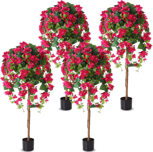4 Pcs 4 ft Bougainvillea Artificial Tree with Flowers for Outdoors Tall Fake Bougainvillea Tree in Plastic Pot for Outdoor Indoor Home Office Wedding Decor