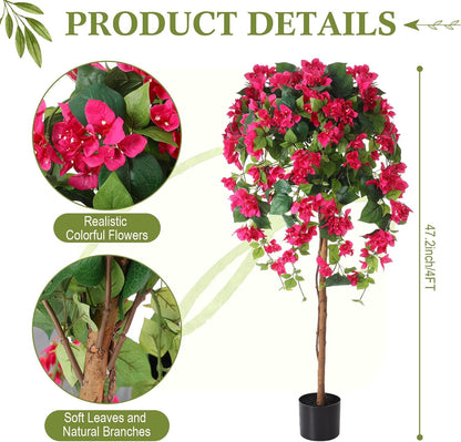 4 Pcs 4 ft Bougainvillea Artificial Tree with Flowers for Outdoors Tall Fake Bougainvillea Tree in Plastic Pot for Outdoor Indoor Home Office Wedding Decor