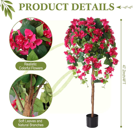 4 Pcs 4 ft Bougainvillea Artificial Tree with Flowers for Outdoors Tall Fake Bougainvillea Tree in Plastic Pot for Outdoor Indoor Home Office Wedding Decor