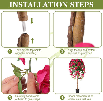 4 Pcs 4 ft Bougainvillea Artificial Tree with Flowers for Outdoors Tall Fake Bougainvillea Tree in Plastic Pot for Outdoor Indoor Home Office Wedding Decor