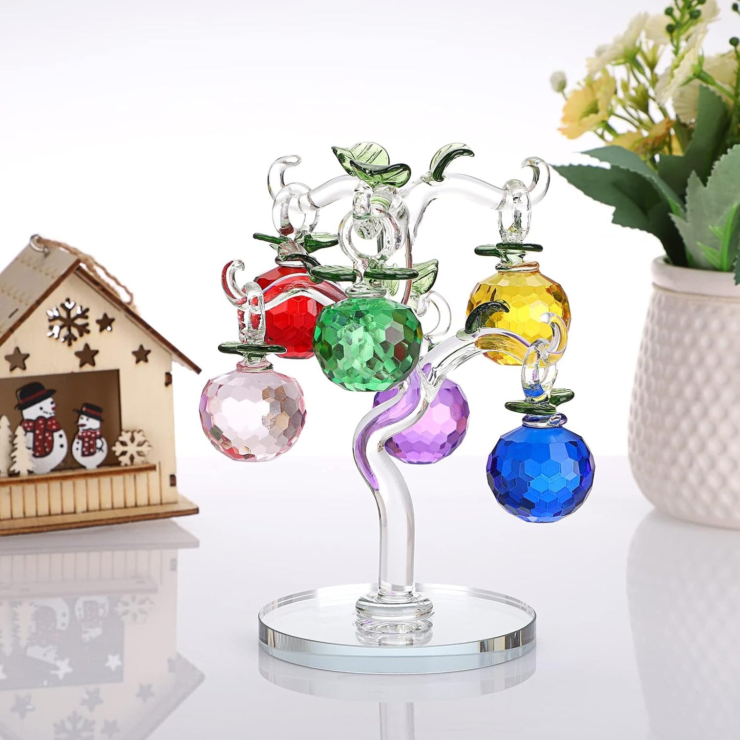 Crystal Apple Tree Ornaments Artificial Glass Apple Tree Figurines | Decorative Glass Apple Tree Paperweight for Table Centerpieces, Coloful Apple Tree Collectible for Home Office Birthday Gift