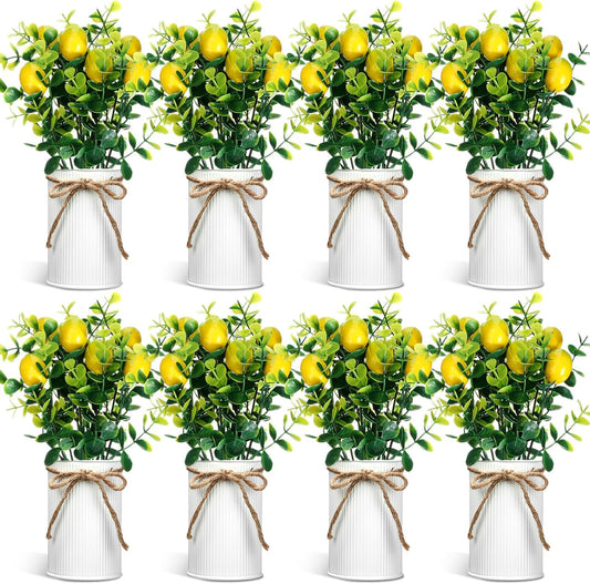 8 Pack Faux Lemon Kitchen Decor and Accessories Metal Lemon Mason Jar Table Centerpiece Decorations for Home Fake Potted Artificial Plant for Summer Tiered Tray Spring Farmhouse
