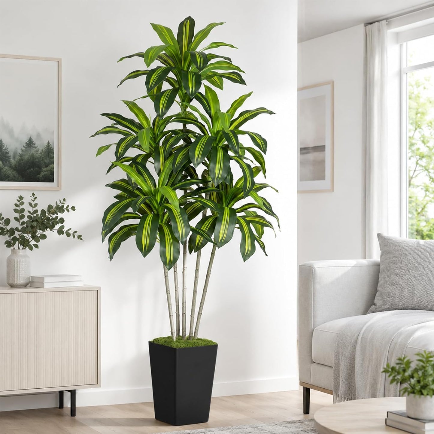 Dracaena Plant Artificial Tree 7Ft Tall Fake Tropical Floor Plants Potted (Real Touch) Artificial Silk Tree Leaf Faux Trees White Tall Planter for Home Office Living Room Indoor Outdoor Decor