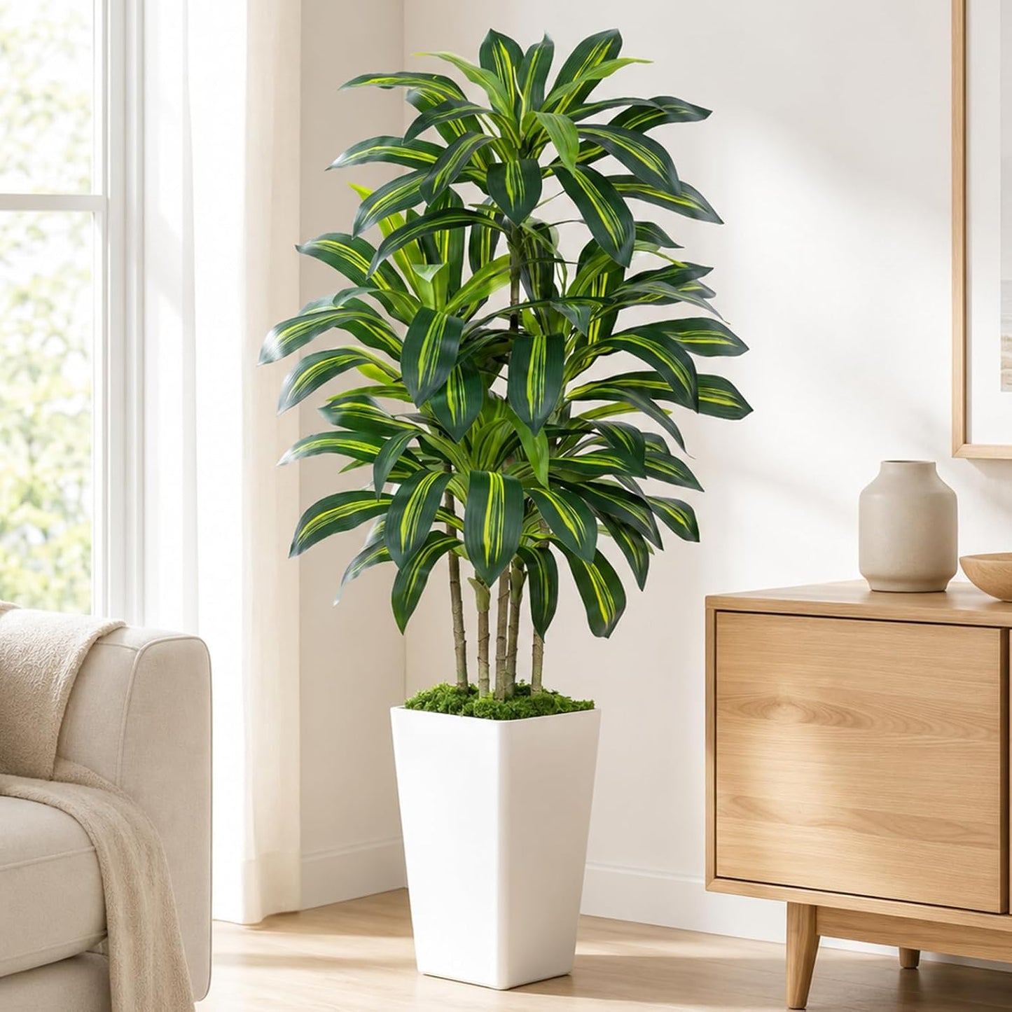 Dracaena Plant Artificial Tree 7Ft Tall Fake Tropical Floor Plants Potted (Real Touch) Artificial Silk Tree Leaf Faux Trees White Tall Planter for Home Office Living Room Indoor Outdoor Decor