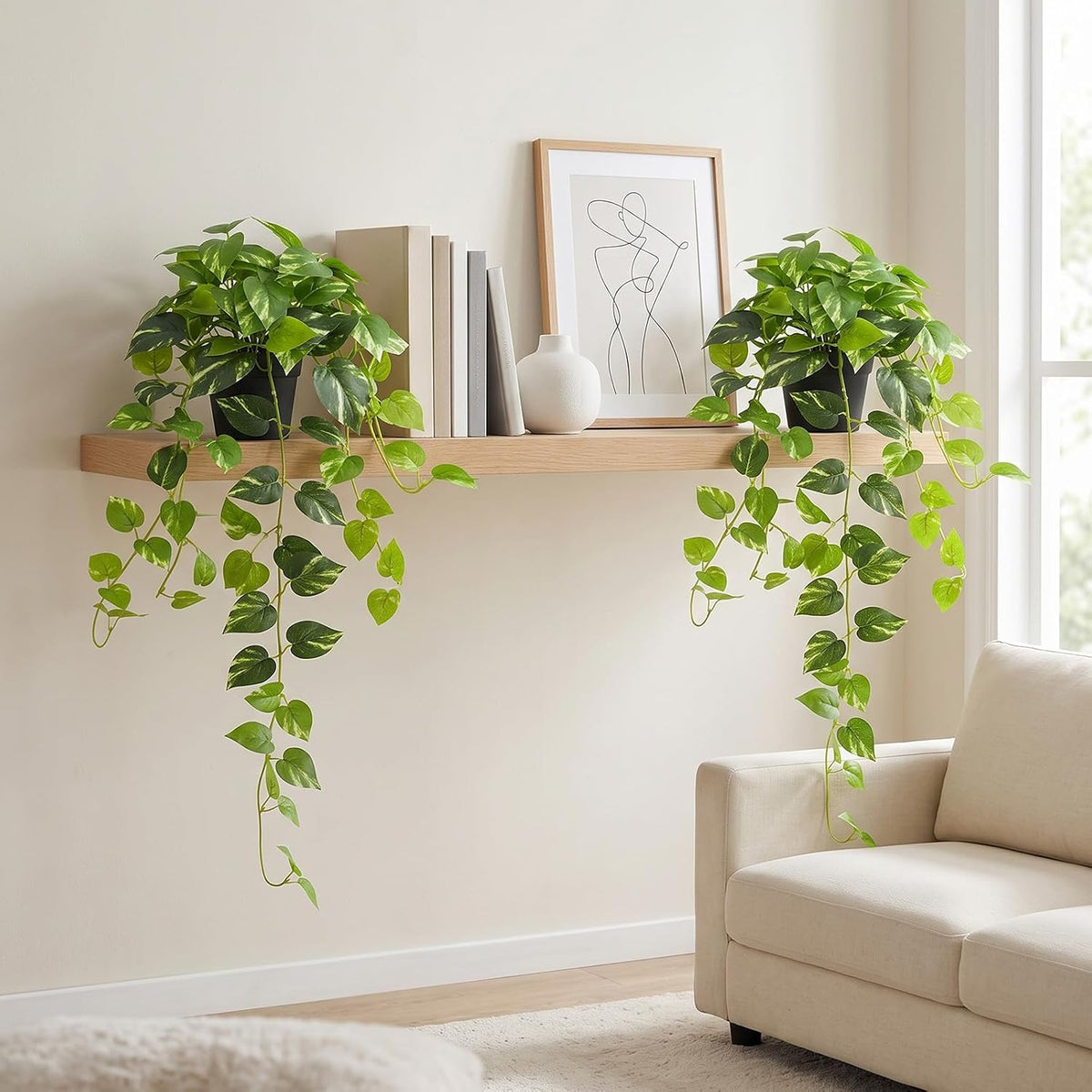 33" Artificial Pothos Hanging Plants Fake Ivy Vine with Pot, 2 Pack