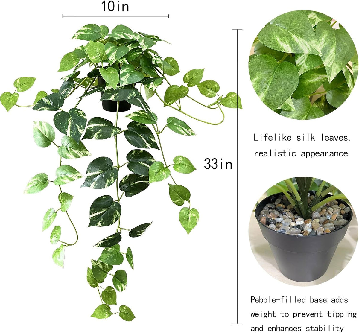 33" Artificial Pothos Hanging Plants Fake Ivy Vine with Pot, 2 Pack