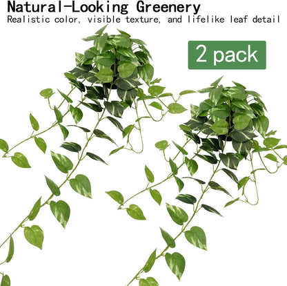 33" Artificial Pothos Hanging Plants Fake Ivy Vine with Pot, 2 Pack