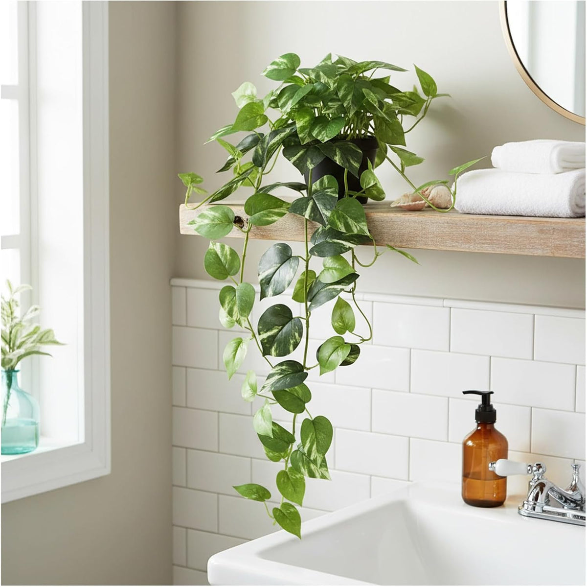33" Artificial Pothos Hanging Plants Fake Ivy Vine with Pot, 2 Pack