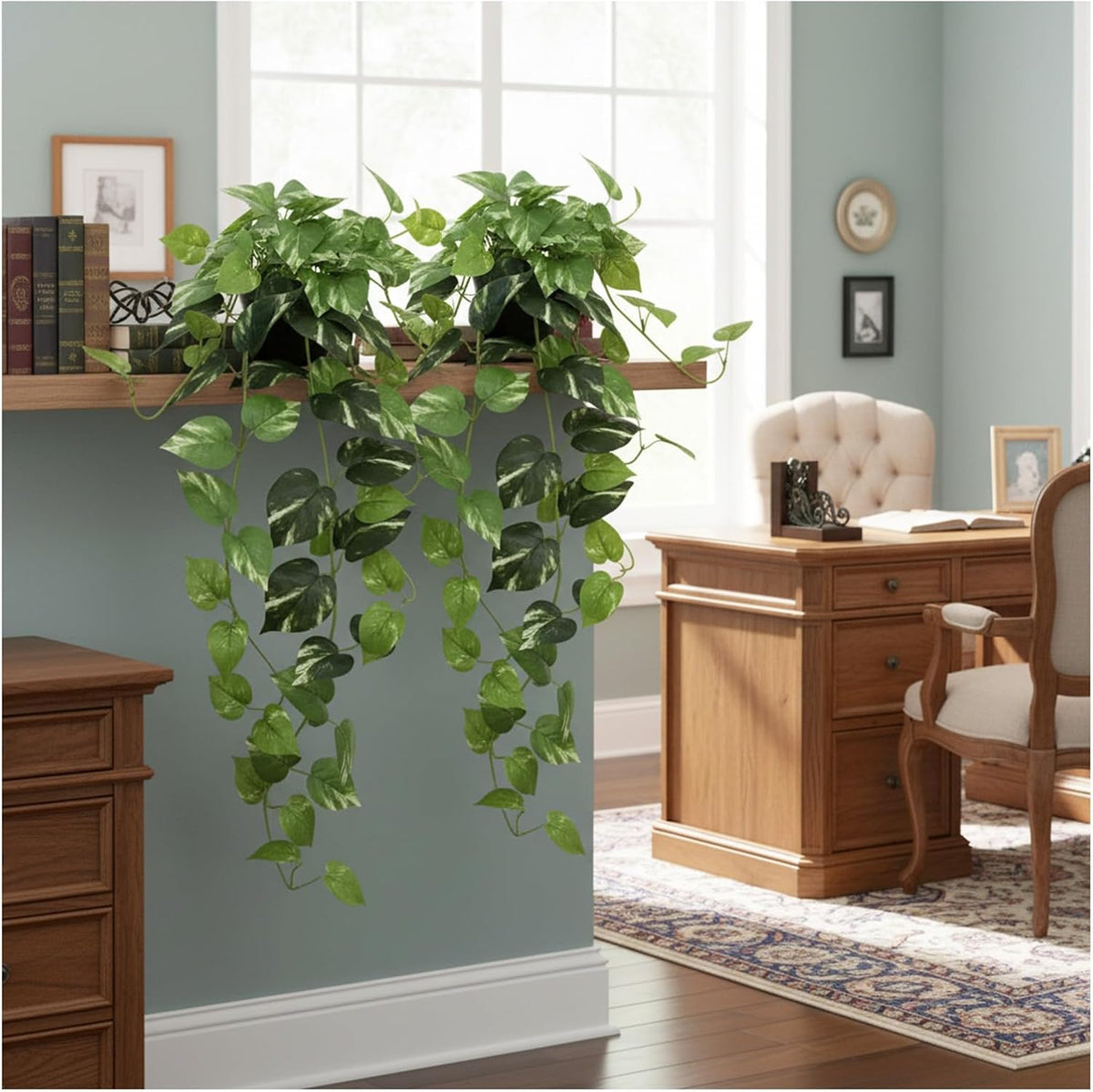 33" Artificial Pothos Hanging Plants Fake Ivy Vine with Pot, 2 Pack