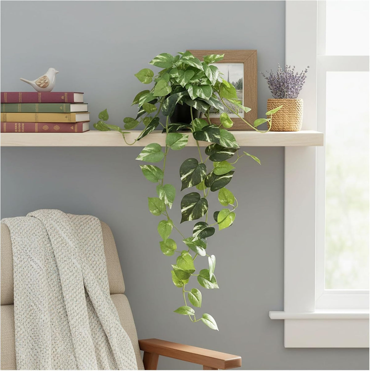 33" Artificial Pothos Hanging Plants Fake Ivy Vine with Pot, 2 Pack