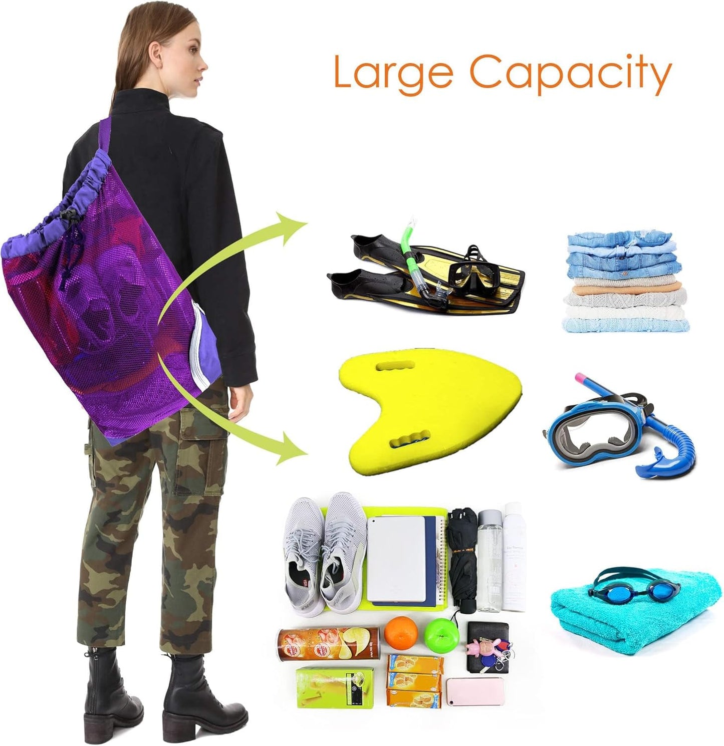 Gym Bags for Men Women Mesh Drawstring Backpack for Swim Sports Workout Gear Gifts for Swimmers Beach Pool Wrestling Backpack Cinch Bag With 3 Pockets Neon Yellow XLarge