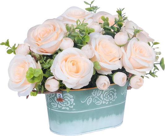 Artificial Rose Flower Arrangement for Table Centerpiece, Farmhouse Champagne Silk Flowers with Eucalyptus in Rustic Galvanized Metal Po Faux Floral Centerpiece for Dining Table, Home, Office Décor