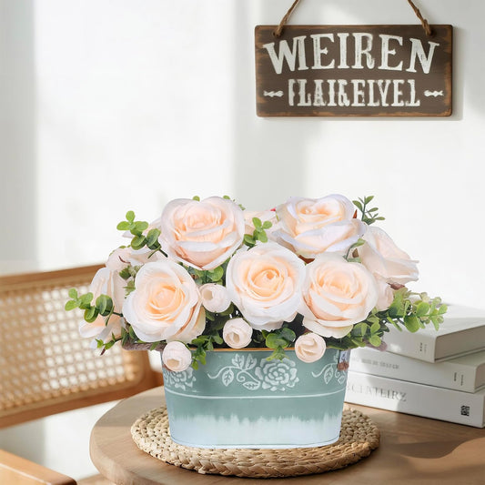 Artificial Rose Flower Arrangement for Table Centerpiece, Farmhouse Champagne Silk Flowers with Eucalyptus in Rustic Galvanized Metal Po Faux Floral Centerpiece for Dining Table, Home, Office Décor
