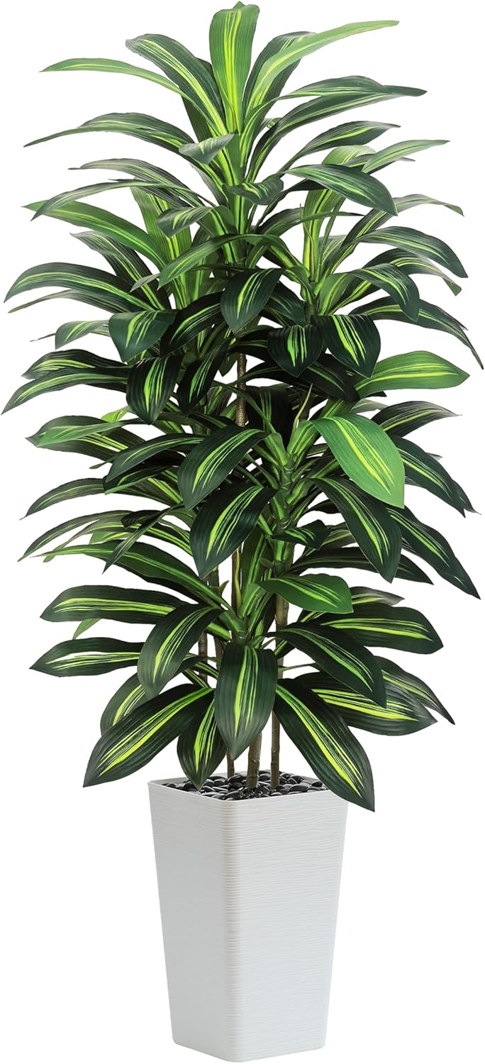 Artificial Dracaena Tree Indoor, 6FT Tall Fake Floor Plants with White Planter & Pebbles, Faux Silk Yucca Tree for Home Office Living Room Bedroom Farmhouse Modern Outdoor Topiary Tree