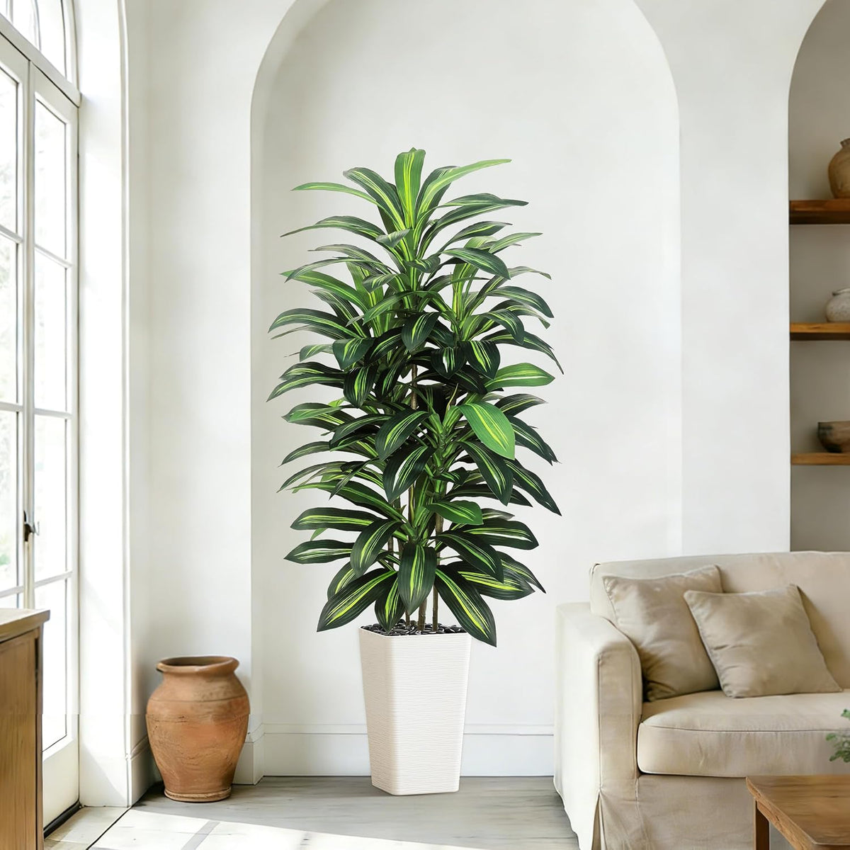 Artificial Dracaena Tree Indoor, 6FT Tall Fake Floor Plants with White Planter & Pebbles, Faux Silk Yucca Tree for Home Office Living Room Bedroom Farmhouse Modern Outdoor Topiary Tree