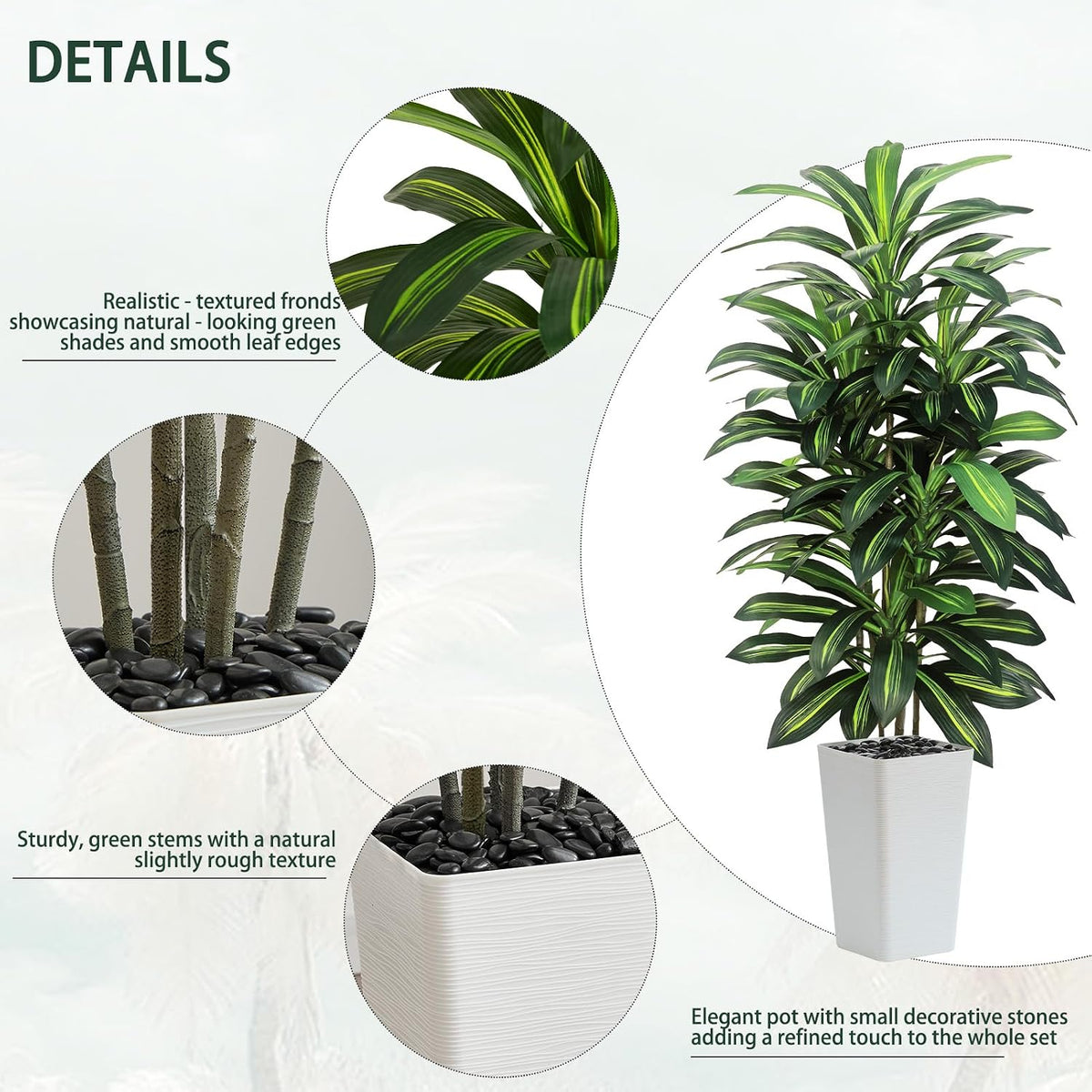Artificial Dracaena Tree Indoor, 6FT Tall Fake Floor Plants with White Planter & Pebbles, Faux Silk Yucca Tree for Home Office Living Room Bedroom Farmhouse Modern Outdoor Topiary Tree