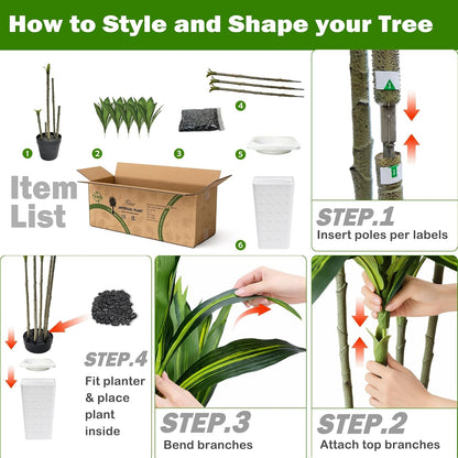 Artificial Dracaena Tree Indoor, 6FT Tall Fake Floor Plants with White Planter & Pebbles, Faux Silk Yucca Tree for Home Office Living Room Bedroom Farmhouse Modern Outdoor Topiary Tree
