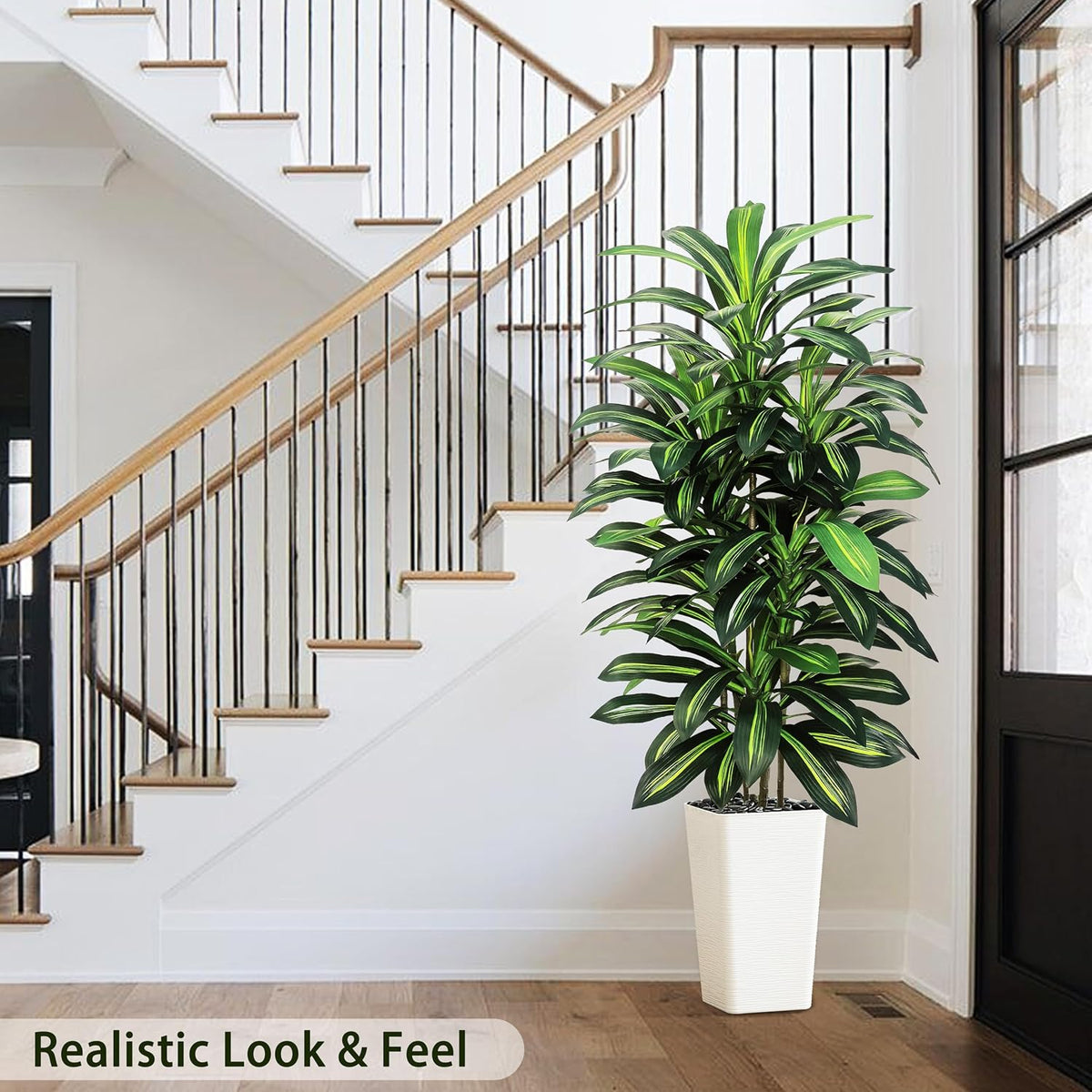 Artificial Dracaena Tree Indoor, 6FT Tall Fake Floor Plants with White Planter & Pebbles, Faux Silk Yucca Tree for Home Office Living Room Bedroom Farmhouse Modern Outdoor Topiary Tree