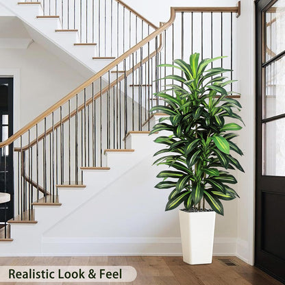 Artificial Dracaena Tree Indoor, 6FT Tall Fake Floor Plants with White Planter & Pebbles, Faux Silk Yucca Tree for Home Office Living Room Bedroom Farmhouse Modern Outdoor Topiary Tree