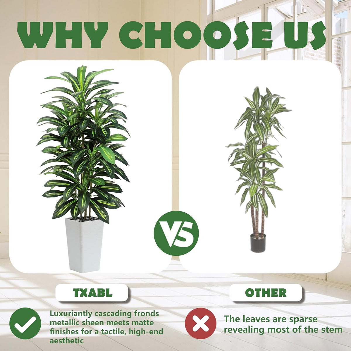 Artificial Dracaena Tree Indoor, 6FT Tall Fake Floor Plants with White Planter & Pebbles, Faux Silk Yucca Tree for Home Office Living Room Bedroom Farmhouse Modern Outdoor Topiary Tree