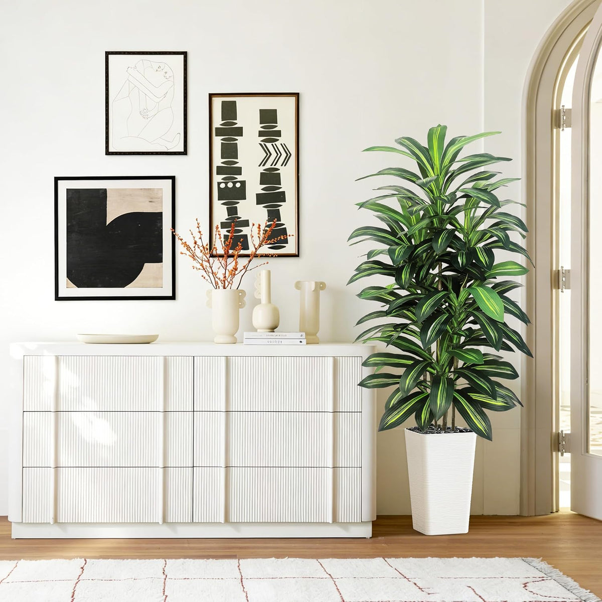Artificial Dracaena Tree Indoor, 6FT Tall Fake Floor Plants with White Planter & Pebbles, Faux Silk Yucca Tree for Home Office Living Room Bedroom Farmhouse Modern Outdoor Topiary Tree