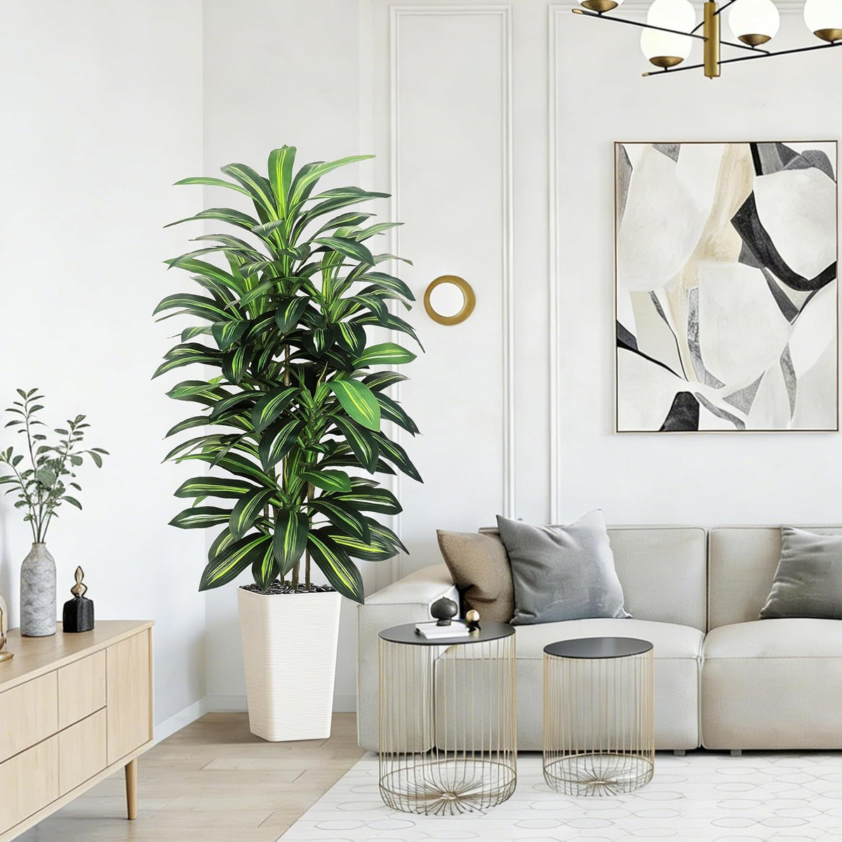 Artificial Dracaena Tree Indoor, 6FT Tall Fake Floor Plants with White Planter & Pebbles, Faux Silk Yucca Tree for Home Office Living Room Bedroom Farmhouse Modern Outdoor Topiary Tree