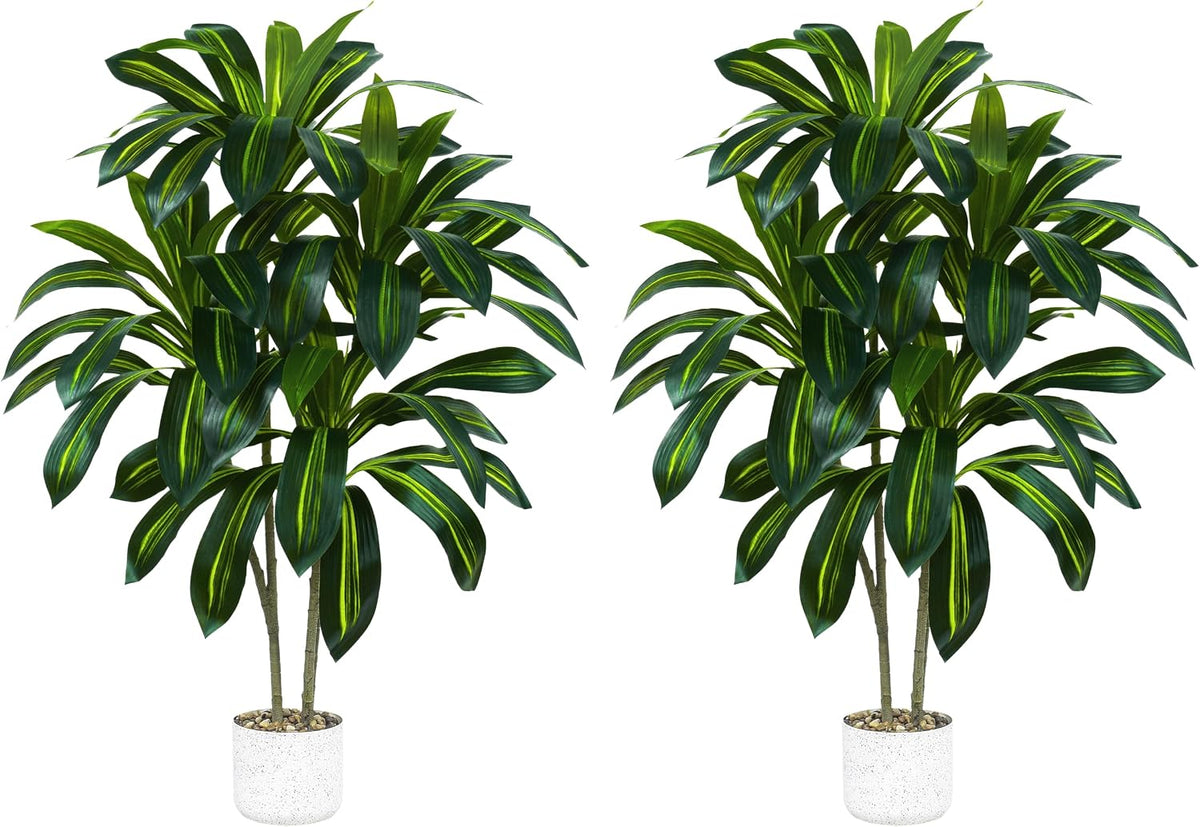 Artificial Dracaena Tree Indoor, 6FT Tall Fake Floor Plants with White Planter & Pebbles, Faux Silk Yucca Tree for Home Office Living Room Bedroom Farmhouse Modern Outdoor Topiary Tree