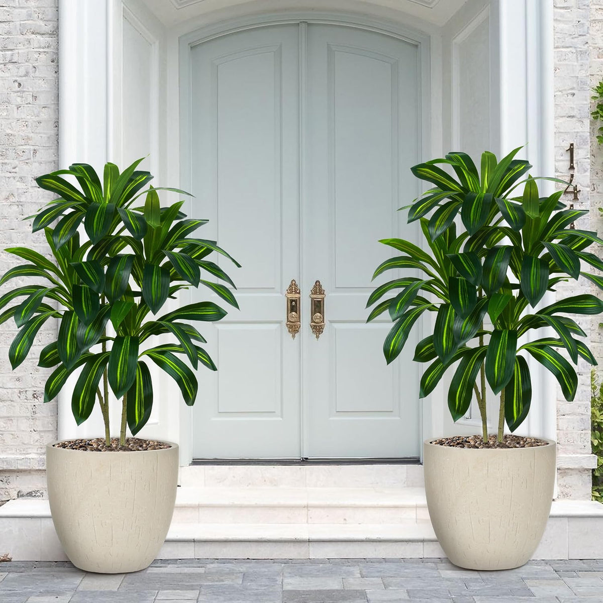 Artificial Dracaena Tree Indoor, 6FT Tall Fake Floor Plants with White Planter & Pebbles, Faux Silk Yucca Tree for Home Office Living Room Bedroom Farmhouse Modern Outdoor Topiary Tree