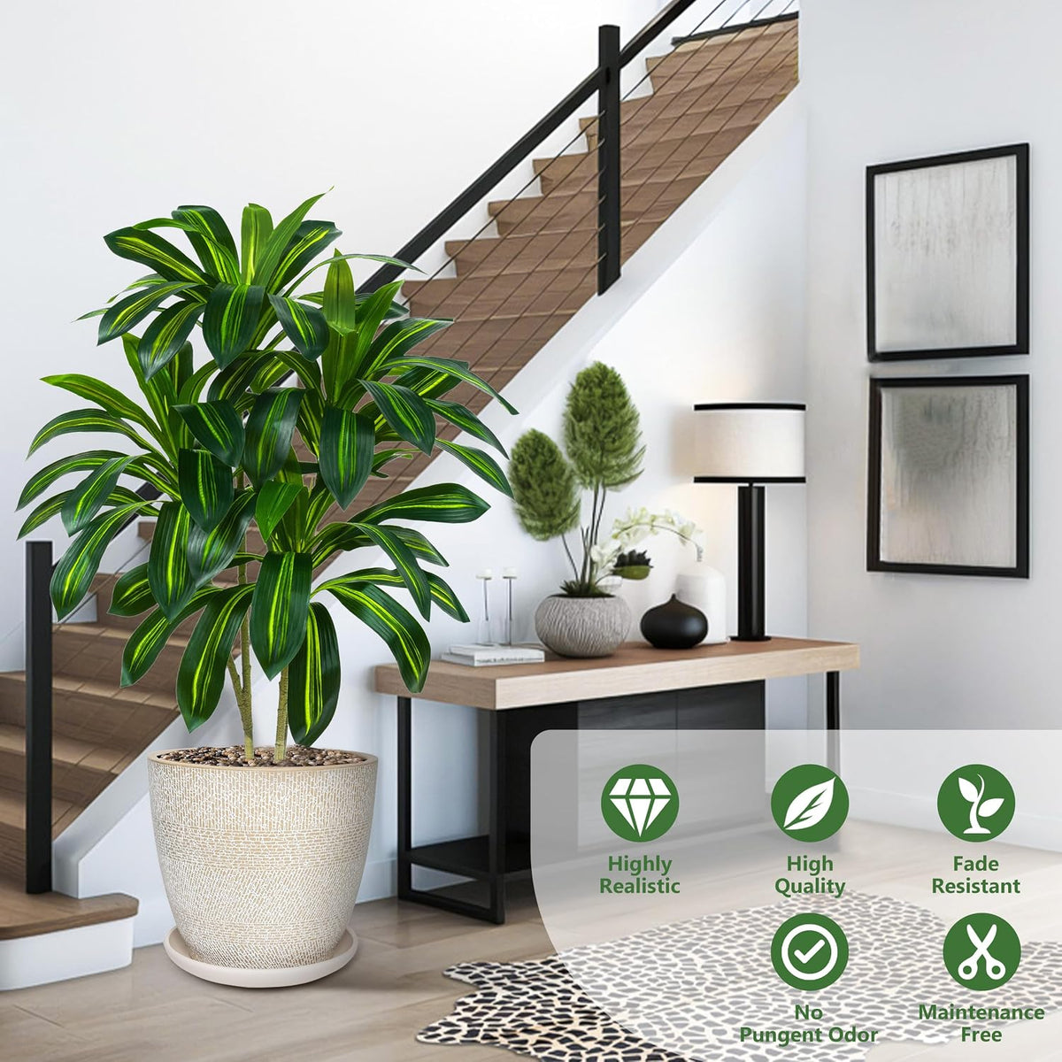 Artificial Dracaena Tree Indoor, 6FT Tall Fake Floor Plants with White Planter & Pebbles, Faux Silk Yucca Tree for Home Office Living Room Bedroom Farmhouse Modern Outdoor Topiary Tree