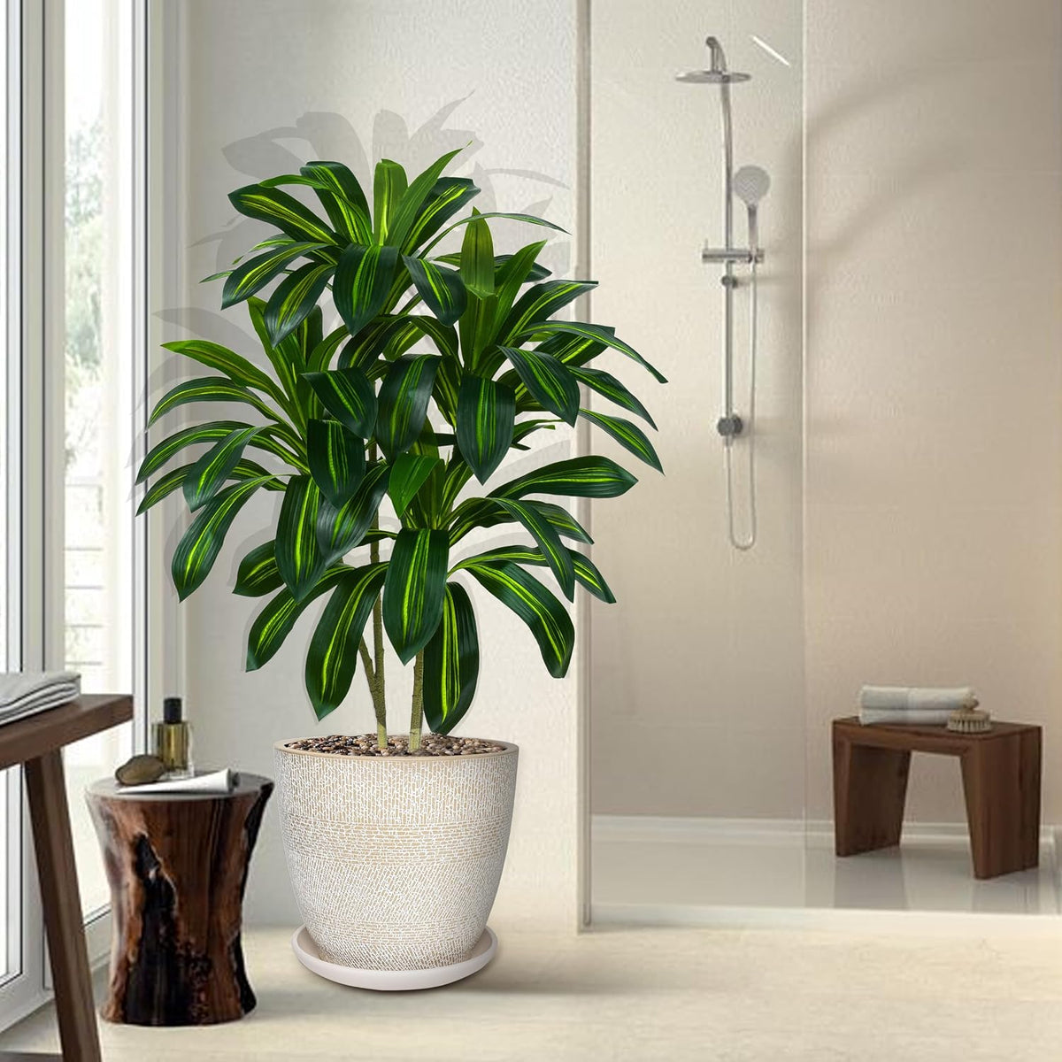 Artificial Dracaena Tree Indoor, 6FT Tall Fake Floor Plants with White Planter & Pebbles, Faux Silk Yucca Tree for Home Office Living Room Bedroom Farmhouse Modern Outdoor Topiary Tree
