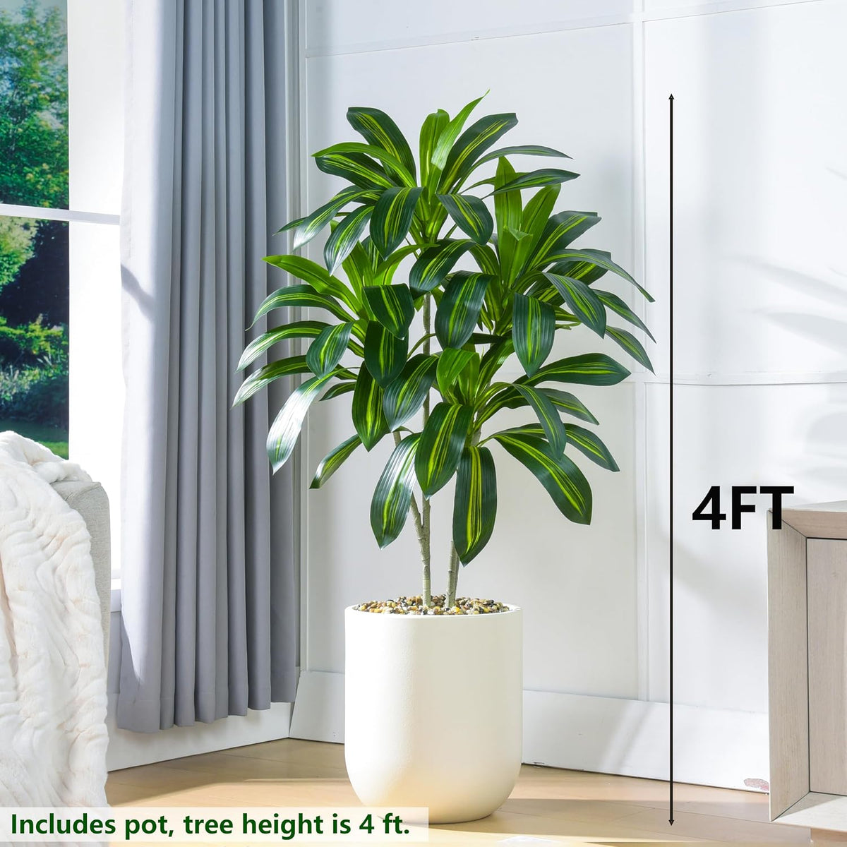 Artificial Dracaena Tree Indoor, 6FT Tall Fake Floor Plants with White Planter & Pebbles, Faux Silk Yucca Tree for Home Office Living Room Bedroom Farmhouse Modern Outdoor Topiary Tree