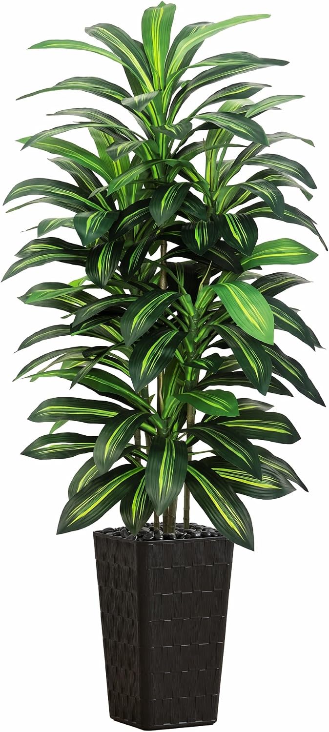Artificial Dracaena Tree Indoor, 6FT Tall Fake Floor Plants with White Planter & Pebbles, Faux Silk Yucca Tree for Home Office Living Room Bedroom Farmhouse Modern Outdoor Topiary Tree