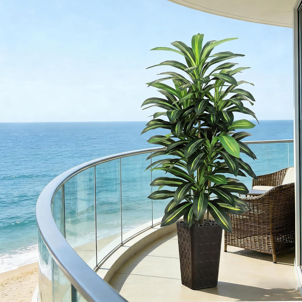 Artificial Dracaena Tree Indoor, 6FT Tall Fake Floor Plants with White Planter & Pebbles, Faux Silk Yucca Tree for Home Office Living Room Bedroom Farmhouse Modern Outdoor Topiary Tree