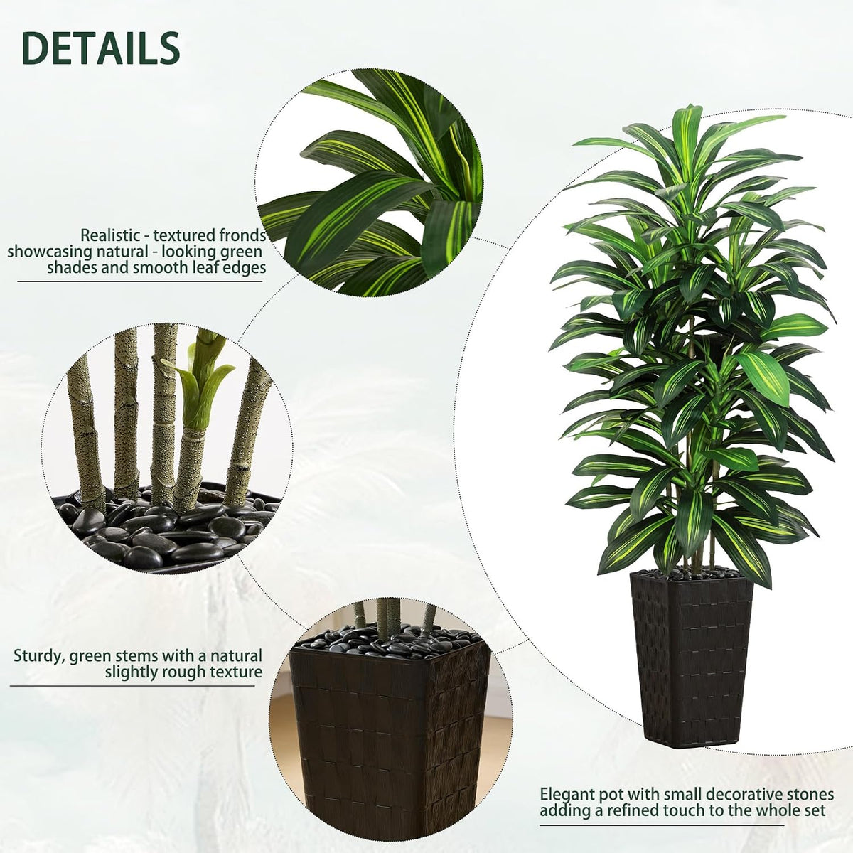 Artificial Dracaena Tree Indoor, 6FT Tall Fake Floor Plants with White Planter & Pebbles, Faux Silk Yucca Tree for Home Office Living Room Bedroom Farmhouse Modern Outdoor Topiary Tree