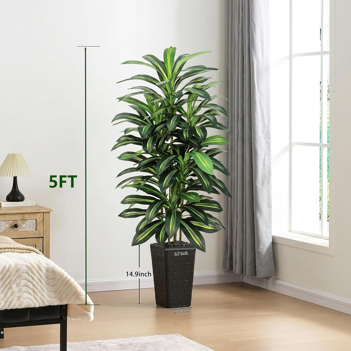 Artificial Dracaena Tree Indoor, 6FT Tall Fake Floor Plants with White Planter & Pebbles, Faux Silk Yucca Tree for Home Office Living Room Bedroom Farmhouse Modern Outdoor Topiary Tree