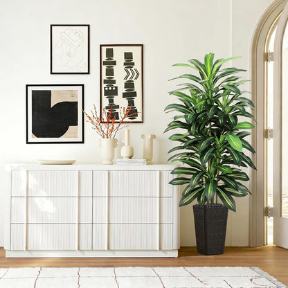 Artificial Dracaena Tree Indoor, 6FT Tall Fake Floor Plants with White Planter & Pebbles, Faux Silk Yucca Tree for Home Office Living Room Bedroom Farmhouse Modern Outdoor Topiary Tree