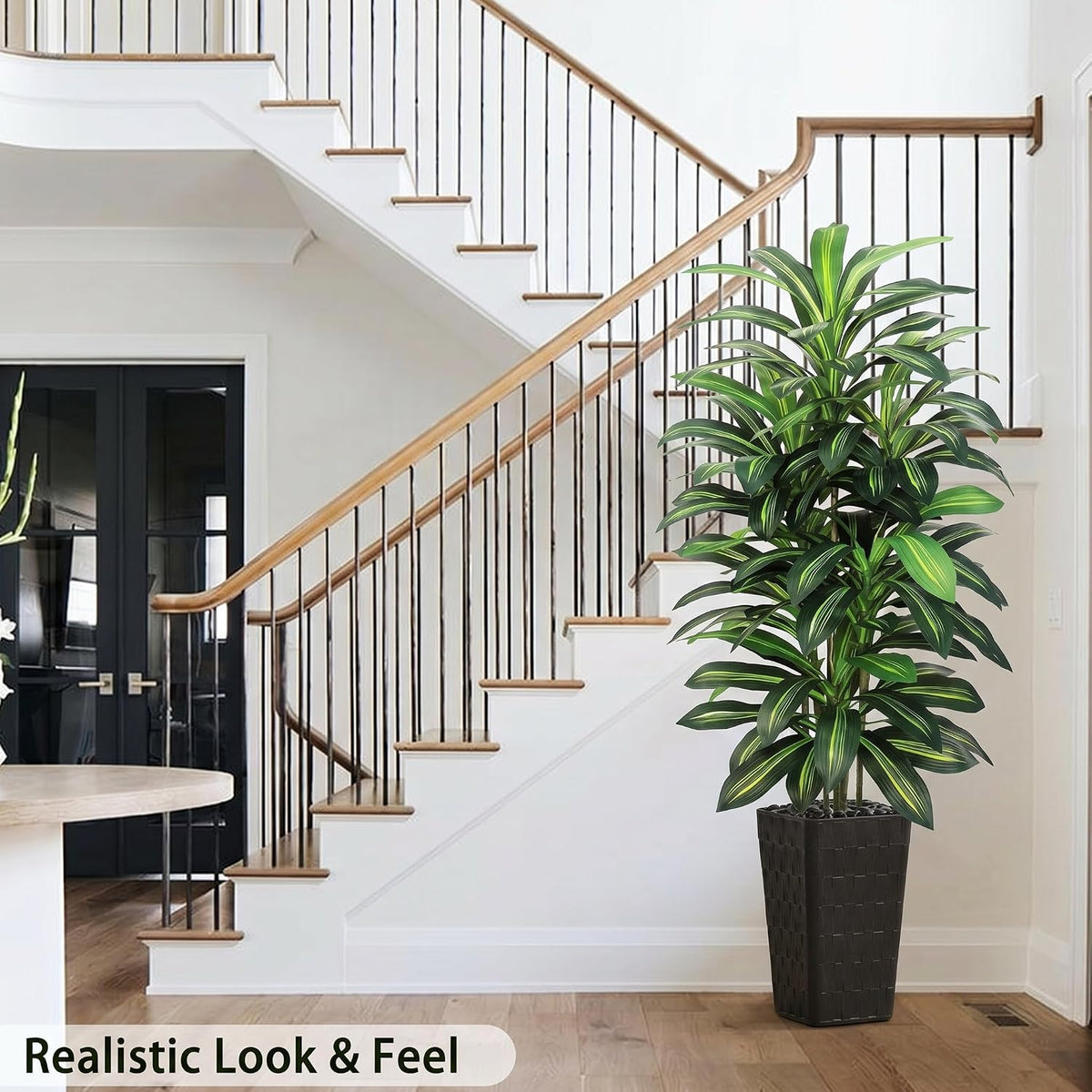 Artificial Dracaena Tree Indoor, 6FT Tall Fake Floor Plants with White Planter & Pebbles, Faux Silk Yucca Tree for Home Office Living Room Bedroom Farmhouse Modern Outdoor Topiary Tree