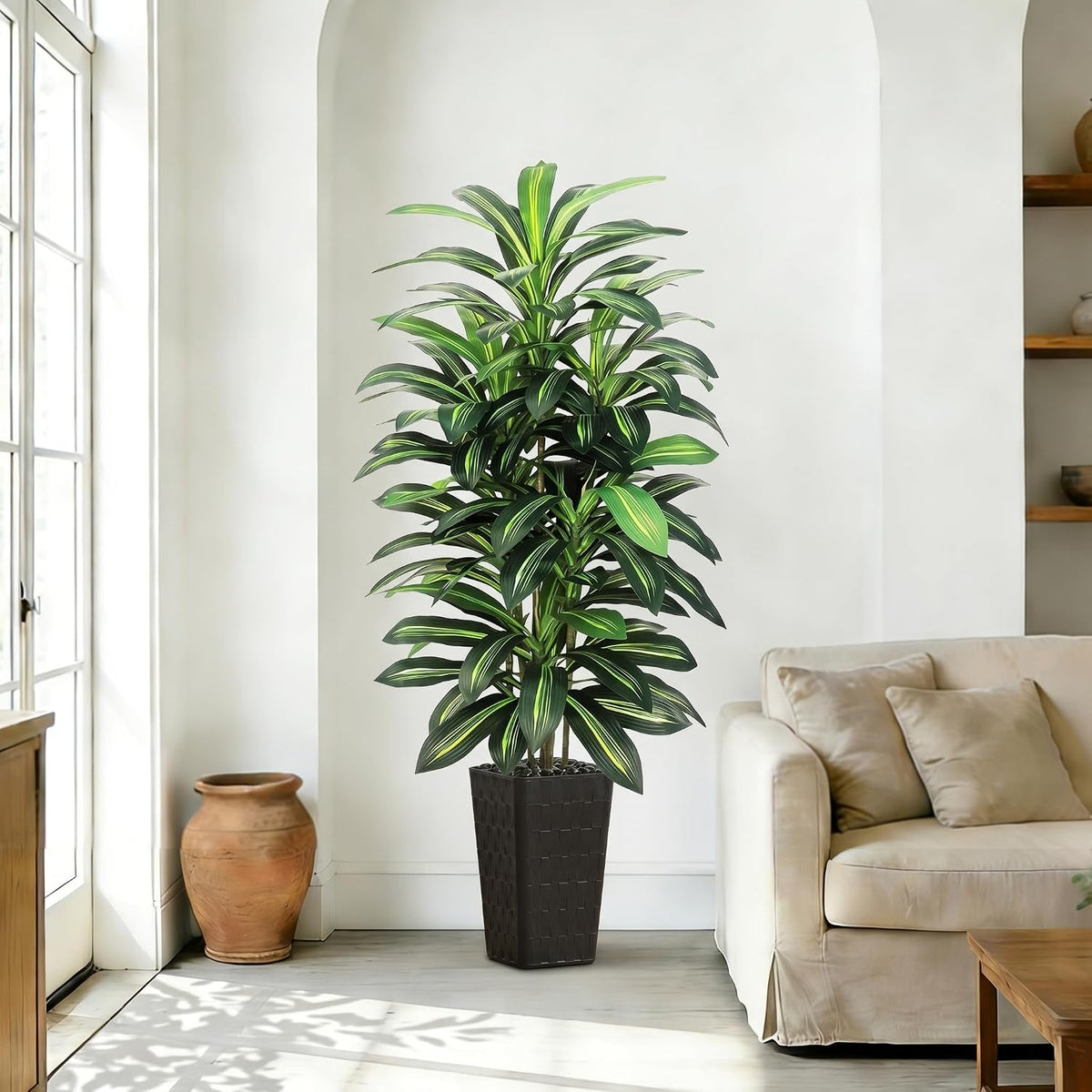 Artificial Dracaena Tree Indoor, 6FT Tall Fake Floor Plants with White Planter & Pebbles, Faux Silk Yucca Tree for Home Office Living Room Bedroom Farmhouse Modern Outdoor Topiary Tree