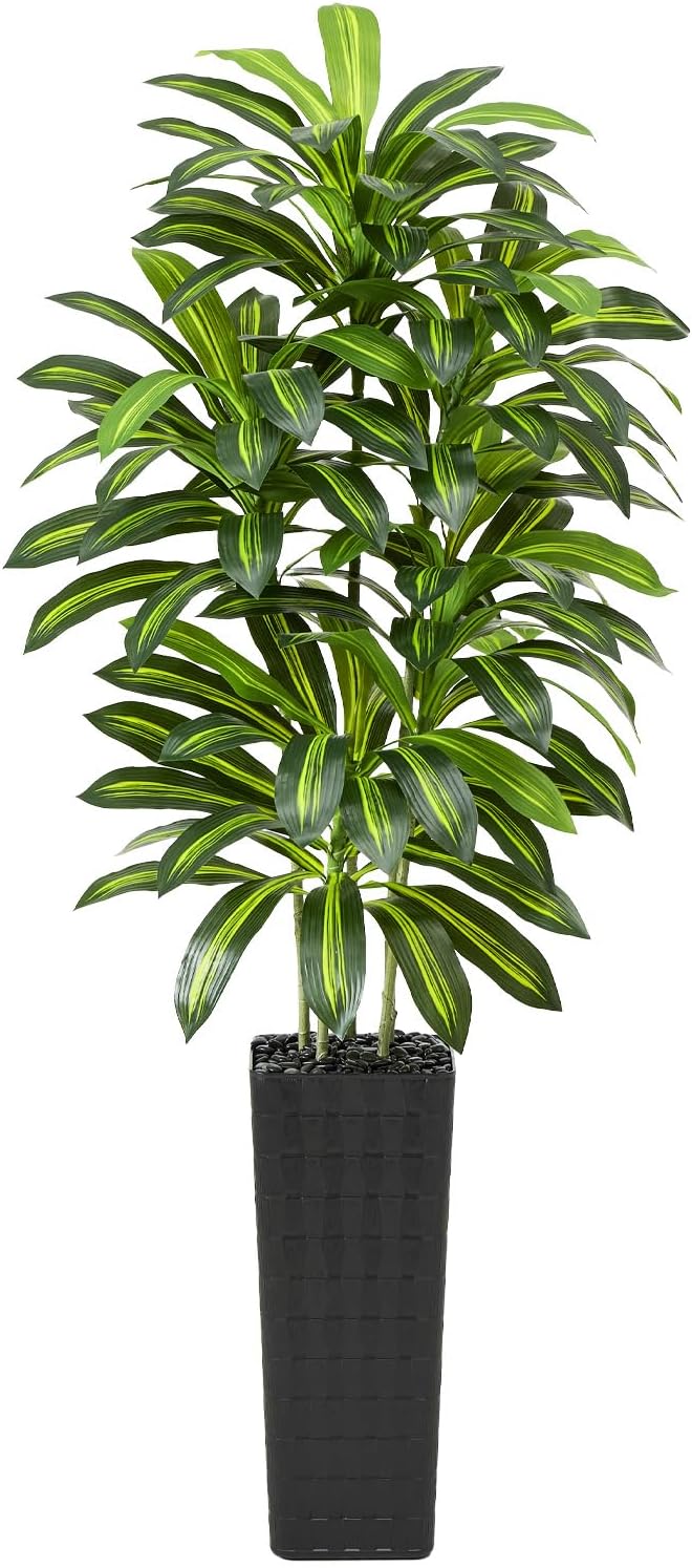 Artificial Dracaena Tree Indoor, 6FT Tall Fake Floor Plants with White Planter & Pebbles, Faux Silk Yucca Tree for Home Office Living Room Bedroom Farmhouse Modern Outdoor Topiary Tree