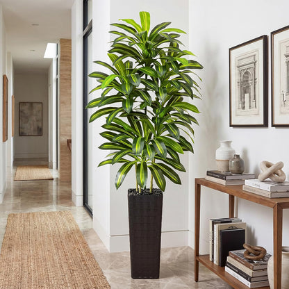 Artificial Dracaena Tree Indoor, 6FT Tall Fake Floor Plants with White Planter & Pebbles, Faux Silk Yucca Tree for Home Office Living Room Bedroom Farmhouse Modern Outdoor Topiary Tree