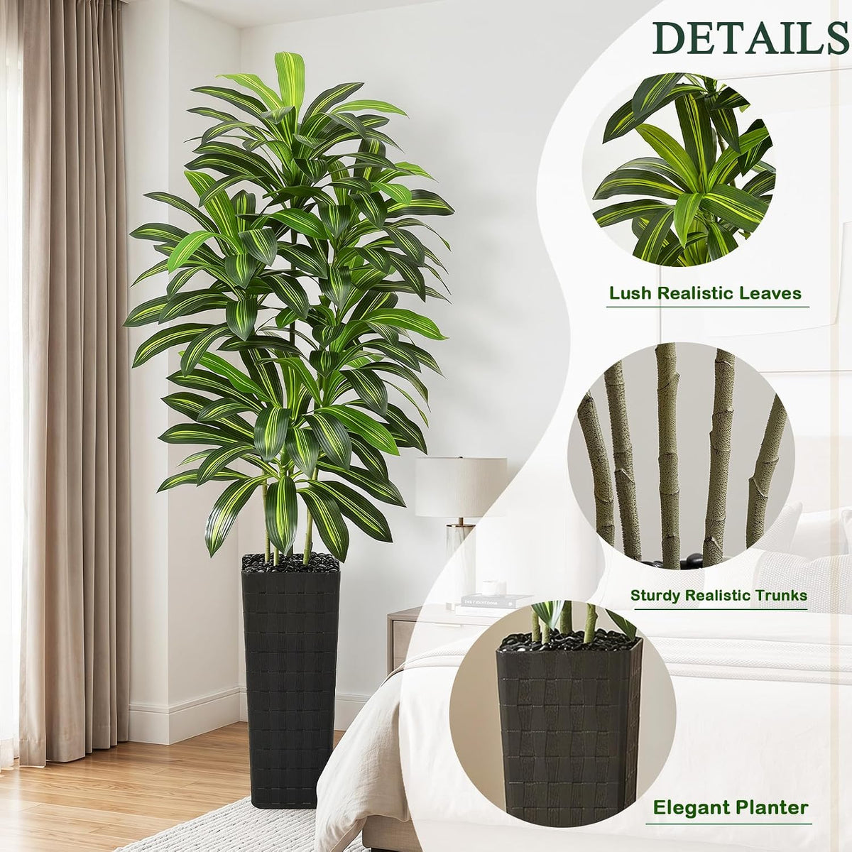 Artificial Dracaena Tree Indoor, 6FT Tall Fake Floor Plants with White Planter & Pebbles, Faux Silk Yucca Tree for Home Office Living Room Bedroom Farmhouse Modern Outdoor Topiary Tree