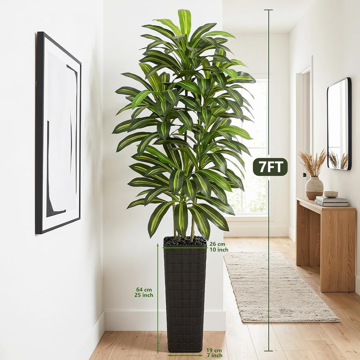 Artificial Dracaena Tree Indoor, 6FT Tall Fake Floor Plants with White Planter & Pebbles, Faux Silk Yucca Tree for Home Office Living Room Bedroom Farmhouse Modern Outdoor Topiary Tree