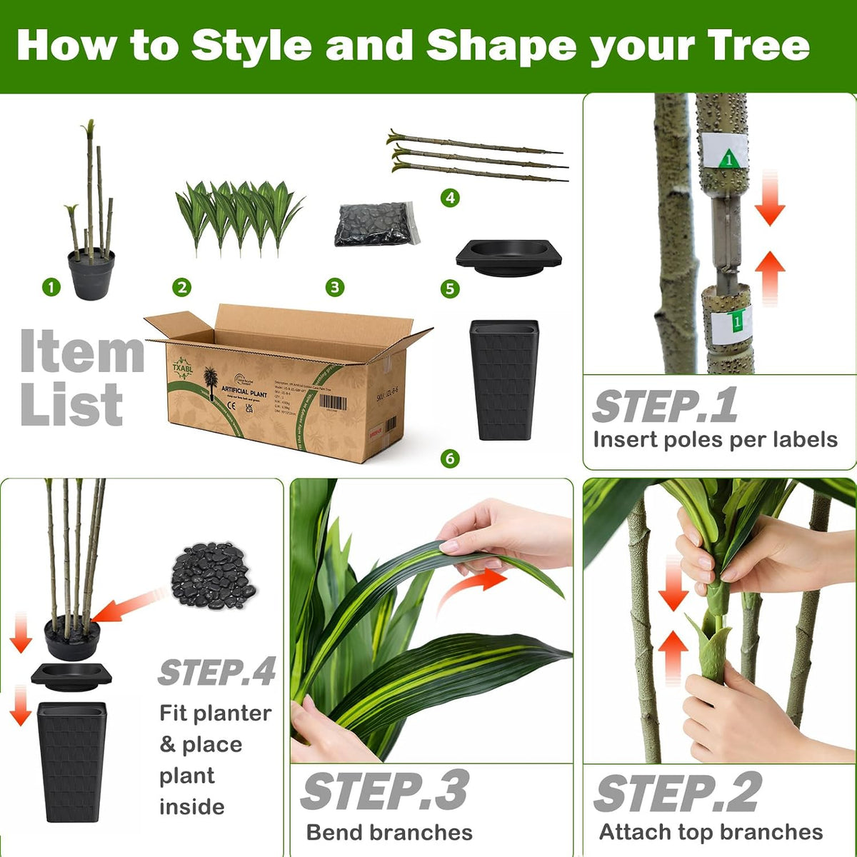 Artificial Dracaena Tree Indoor, 6FT Tall Fake Floor Plants with White Planter & Pebbles, Faux Silk Yucca Tree for Home Office Living Room Bedroom Farmhouse Modern Outdoor Topiary Tree