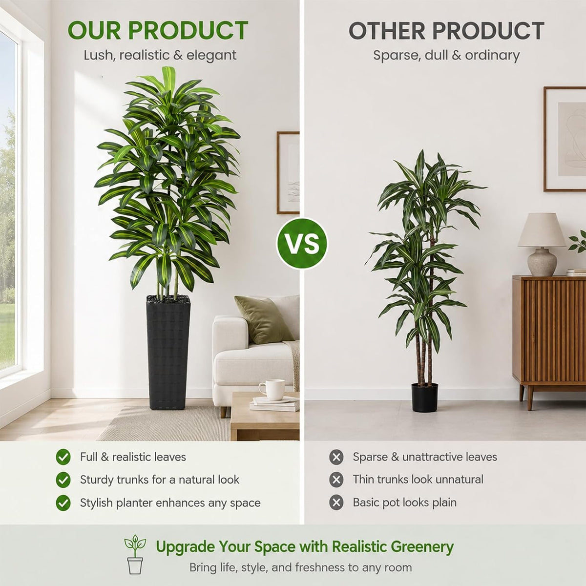 Artificial Dracaena Tree Indoor, 6FT Tall Fake Floor Plants with White Planter & Pebbles, Faux Silk Yucca Tree for Home Office Living Room Bedroom Farmhouse Modern Outdoor Topiary Tree