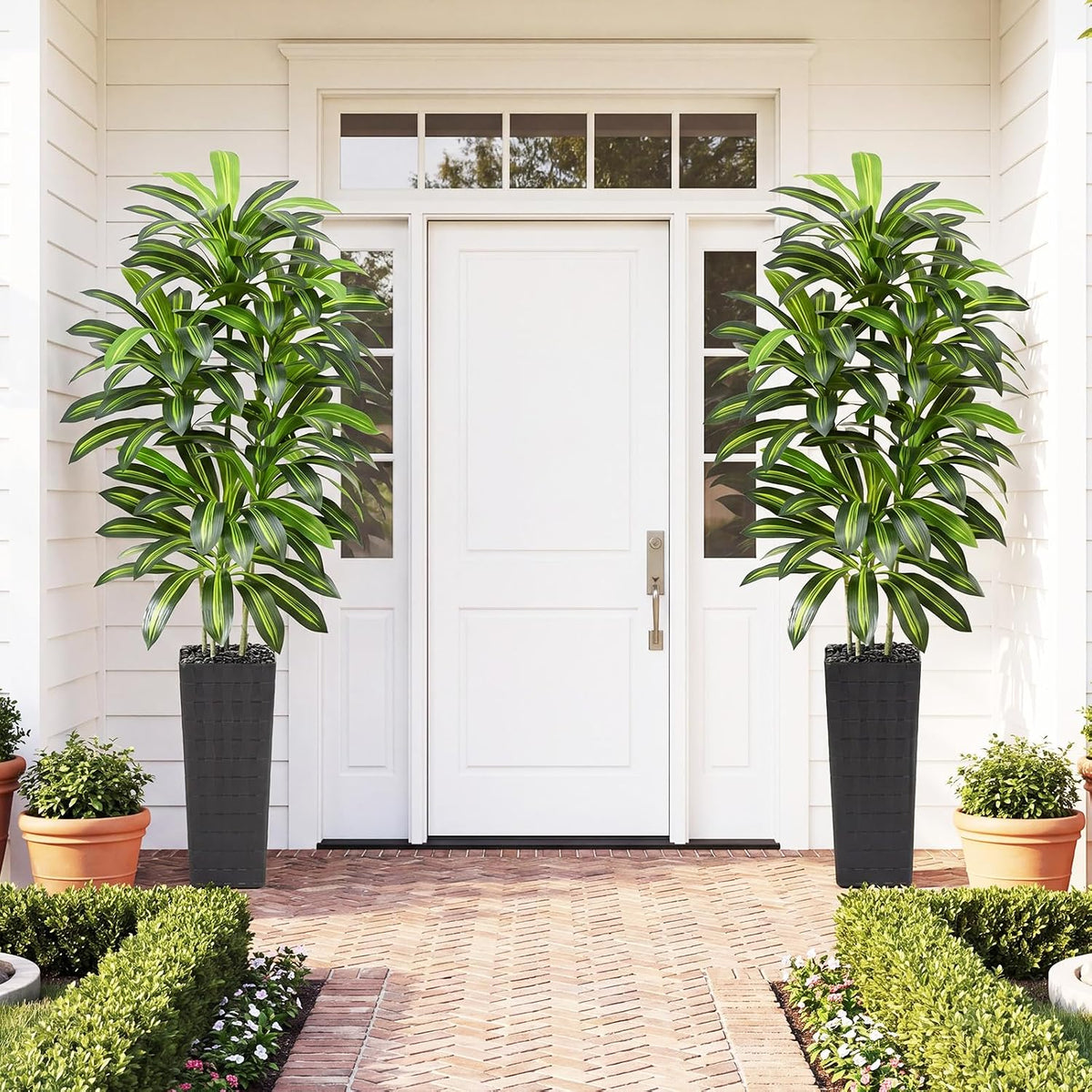 Artificial Dracaena Tree Indoor, 6FT Tall Fake Floor Plants with White Planter & Pebbles, Faux Silk Yucca Tree for Home Office Living Room Bedroom Farmhouse Modern Outdoor Topiary Tree