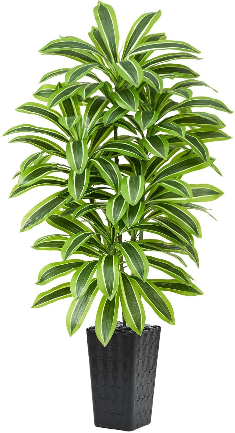 Artificial Dracaena Tree Indoor, 6FT Tall Fake Floor Plants with White Planter & Pebbles, Faux Silk Yucca Tree for Home Office Living Room Bedroom Farmhouse Modern Outdoor Topiary Tree