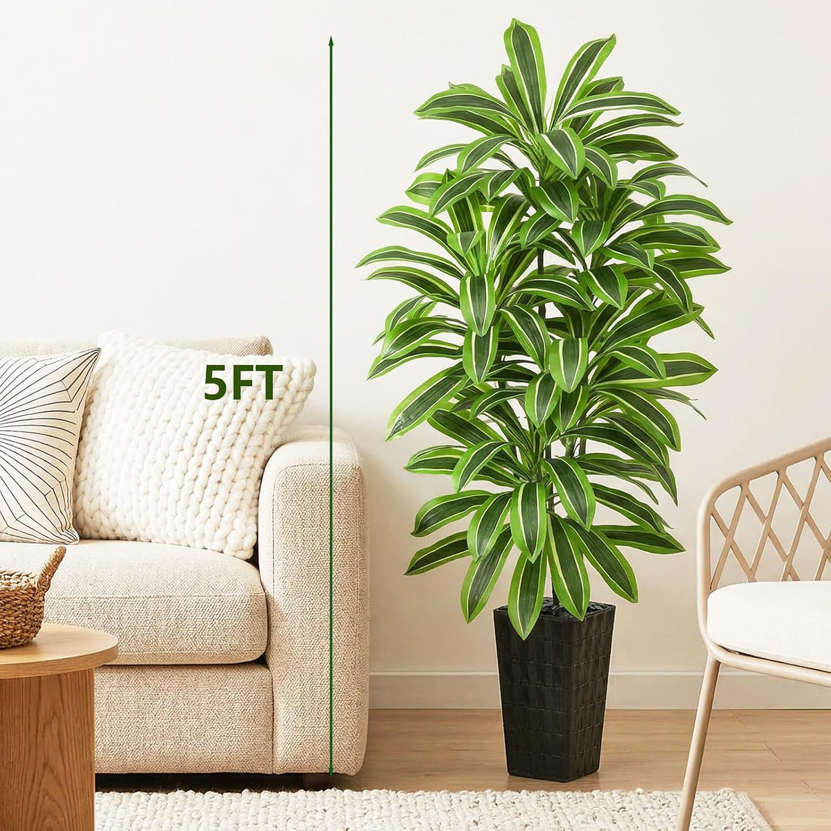 Artificial Dracaena Tree Indoor, 6FT Tall Fake Floor Plants with White Planter & Pebbles, Faux Silk Yucca Tree for Home Office Living Room Bedroom Farmhouse Modern Outdoor Topiary Tree